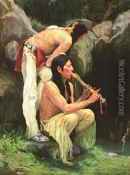 The Magic Flute (flute Player At The Spring) Oil Painting - Eanger Irving Couse