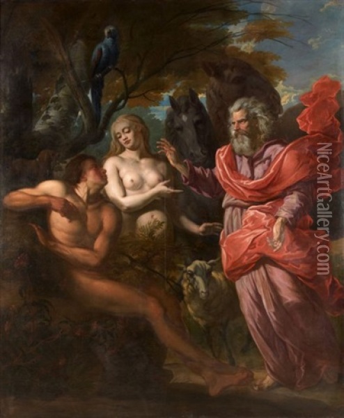 La Creation D'adam Et Eve, Dieu Reprimandant Adam Et Eve (pair) (+ Adam Et Eve En Priere; 3 Works) Oil Painting - Joseph van den Kerckhove