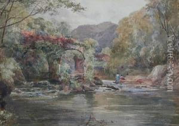 A River Landscape With Figures Seated On Rocks By Stone Archways Oil Painting - Paul Jacob Naftel