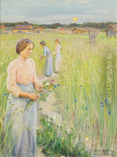 Girls On A Flowering Field Oil Painting - Dora Wahlroos