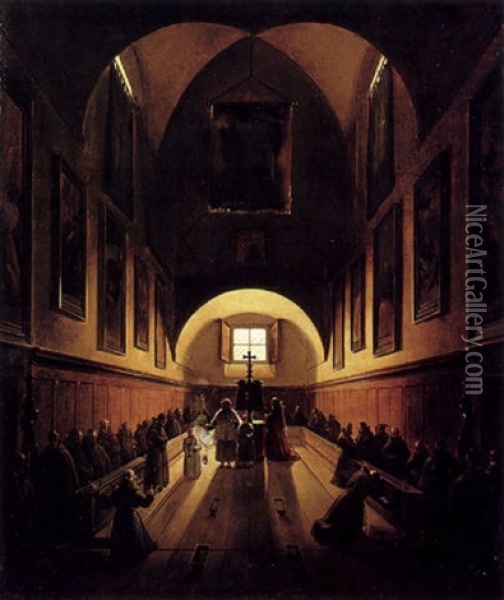 La Messe A L'interieur Du Choeur De L'eglise Des Capucins A Rome Oil Painting - Francois Marius Granet