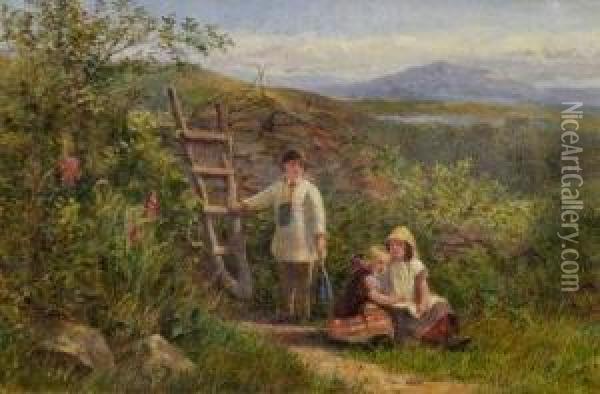 Children At A Stile In A Wooded Landscape Oil Painting - George Wells
