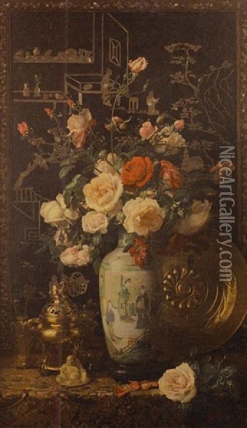 Roses Dans Un Pot Japonais Oil Painting - Alexis Kreyder
