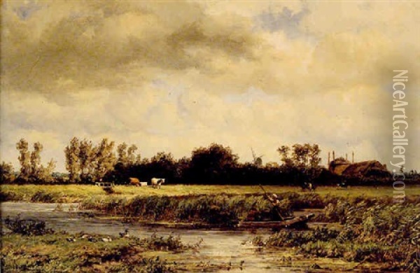 Punt On A River With Cattle And Houses Beyond Oil Painting - Jan Willem Van Borselen