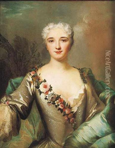 Retrato De Dama Joven, De Medio Cuerpo, Su Vestido Adornado Con Flores Oil Painting - Louis Tocque