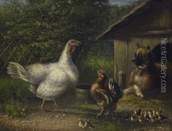 Pute Und Henne Mit Kuken Vor Der Hutte Des Hofhundes Oil Painting - Julius Scheuerer