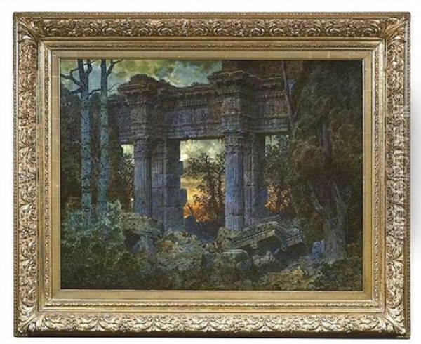 Sonnenuntergang Hinter Einer Tempelruine, Die Mit Uppiger Vegetation Bewachsen Ist Oil Painting - Ferdinand Knab