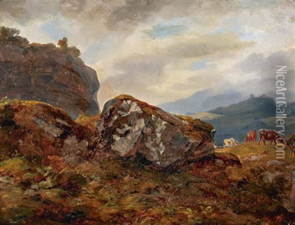 Weidevieh In Weiter Berglandschaft Oil Painting - Benno Raffael Adam