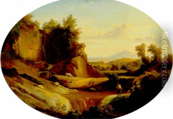 A Figure In An Italian Landscape Oil Painting - Johann Georg Gmelin
