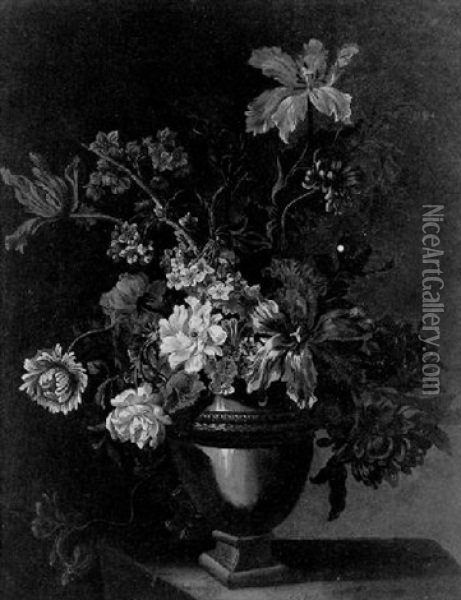 Bouquet De Fleurs Dans Un Vase En Pierre Sur Un Entablement Oil Painting - Jean-Baptiste Monnoyer