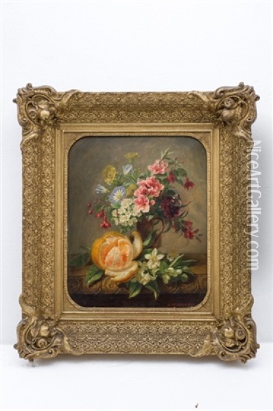 Naturaleza Muerta Con Flores Y Naranja Oil Painting - Georges Deyrieux