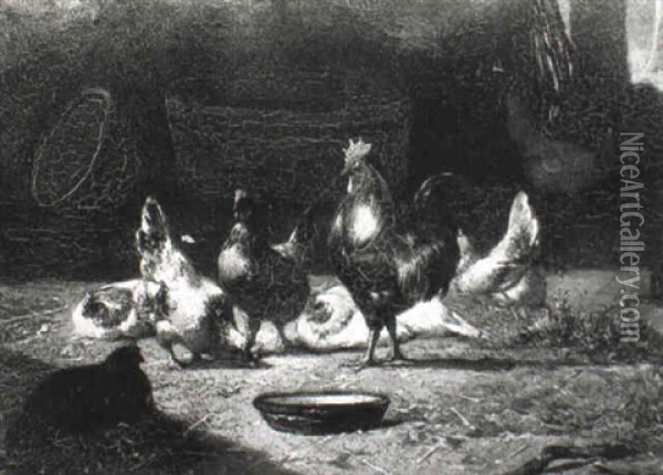 Poultry In A Yard Oil Painting - Eugene Remy Maes