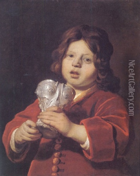 Portrait Of A Boy Holding A Silver Chalice Oil Painting - Bartholomeus Van Der Helst