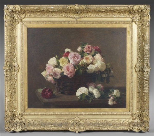 Fleurs Et Panier De Roses Sur Une Table Oil Painting - Henri Fantin-Latour