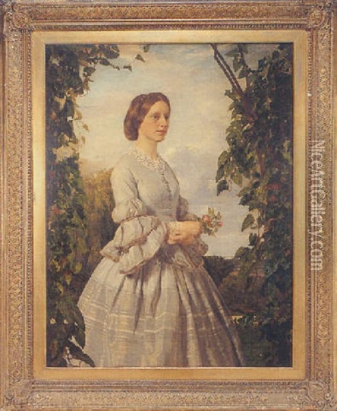 Portrait Of Mrs Laurence, Wearing A Grey Silk Dress And Holding A Rose, Within An Extensive Landscape Oil Painting - John Ewart Robertson