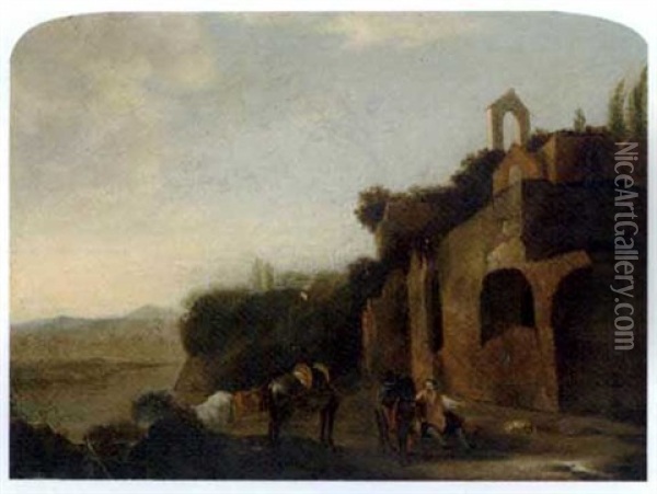 An Italianate River Landscape With A Traveller And Cattle By Classical Ruins Oil Painting - Jan Asselijn