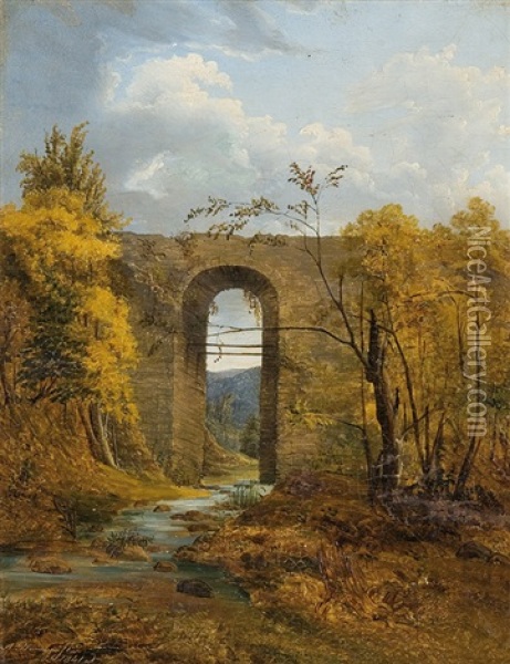 Landscape With A Bridge Oil Painting - Alexander Plonczynski