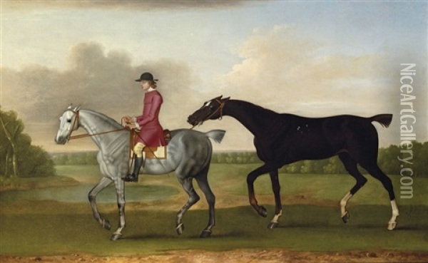 A Liver Chesnut Racehorse Led By A Mounted Groom In A Wooded Landscape Oil Painting - James Seymour