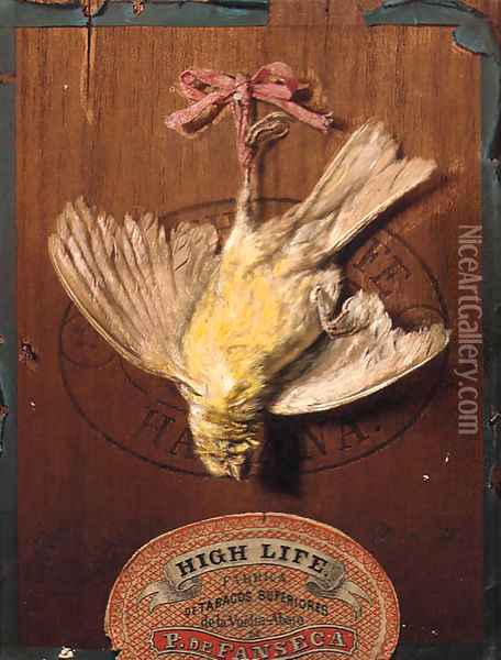 A hanging bird on the lid of a cigar box a trompe-l'oeil Oil Painting - Friedrich Heimerdinger