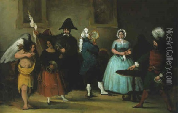 Company In Costume Acting In An Interior Oil Painting - Francisco Goya