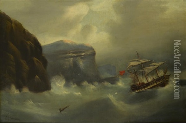 A British Ship In Distress Off A Rocky Coast Oil Painting - Edward King Redmore