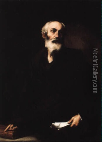 A Philosopher Pointing To A Book And Holding A Sheaf Of Letters Oil Painting - Jusepe de Ribera