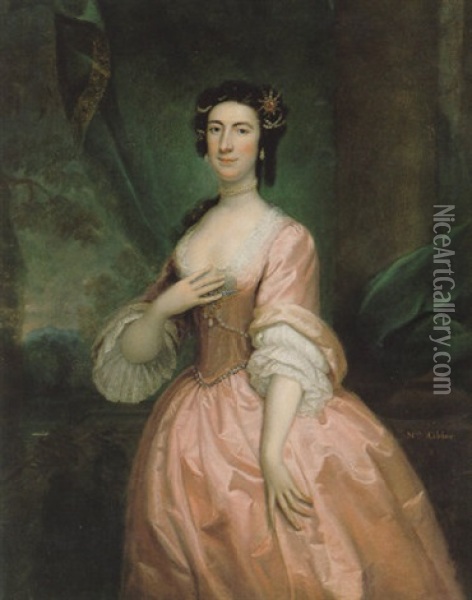 Portrait Of Mrs. Charlotte Charke, (nee Cibber), Wearing A Pink Dress, Edged With Lace Oil Painting - William Hoare