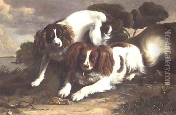 Two King Charles Spaniels Playing with a Frog Oil Painting - Christopher Pierson