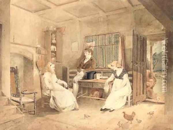 Portrait of John Sell Cotman, Mrs Edmund Miles and Ann Miles in the Miles family farmhouse, Felbrigg, Norfolk Oil Painting - John Thirtle