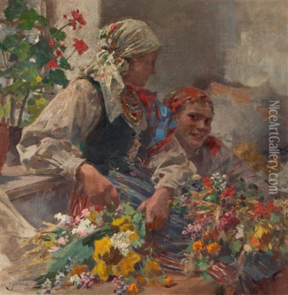 Dwie Kwiaciarki Oil Painting - Zdzislaw Jasinski