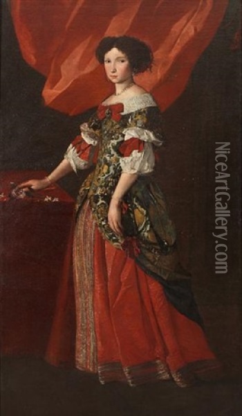 Portrait Of A Lady In A Red And Gold Brocade Dress Standing Before A Red Curtain Oil Painting - Pier Francesco Cittadini