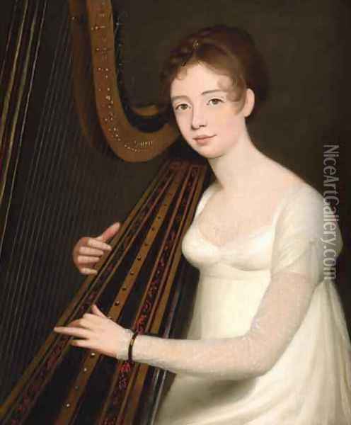 Portrait of a Young Woman playing the Harp Oil Painting - Robert Home