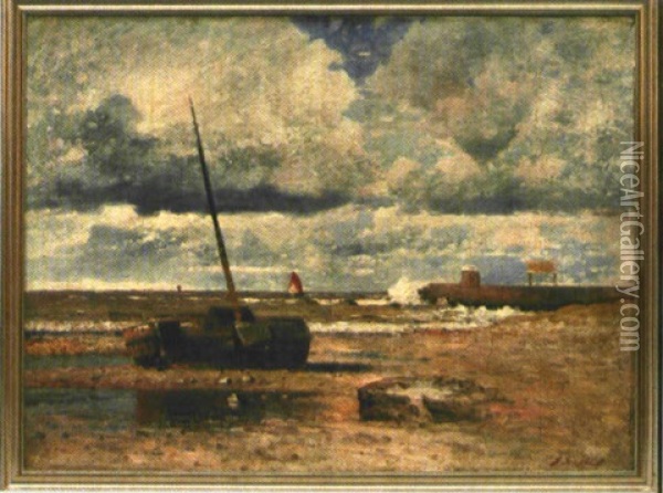 Nordseekuste Mit Mole Und Am Strand Liegendem Boot Oil Painting - Johann Jungblut