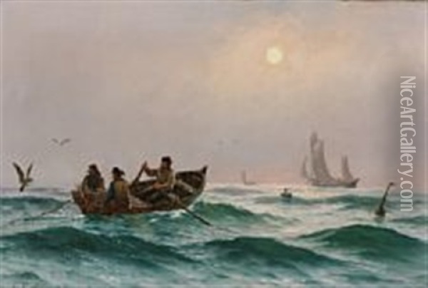 Fishermen In A Rowing Boat At Sea Oil Painting - Carl Ludvig Thilson Locher