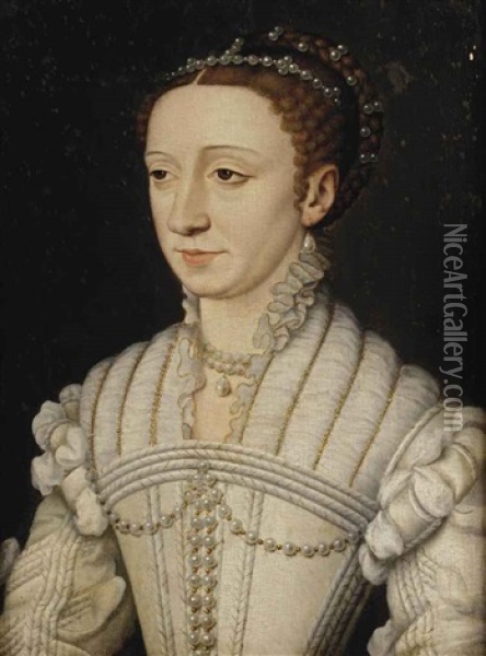 Portrait Of Margaret Of France, Duchess Of Berry, Later Savoie, In A White Dress Oil Painting - Francois Clouet