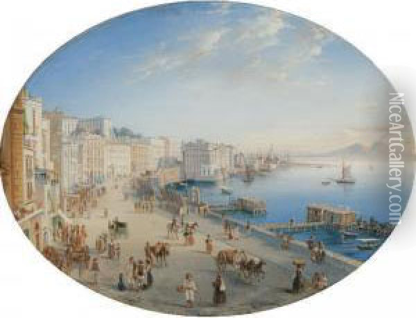 Naples, A View Of The Harbour With Vesuvius Beyond Oil Painting - Antonio Viviani Il Sordo