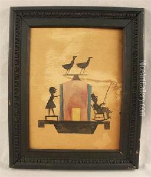 House With People And Weathervane Oil Painting - Bill Traylor