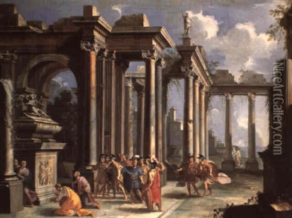 Alexander Visiting The Tomb Of Achilles Oil Painting - Giovanni Paolo Panini
