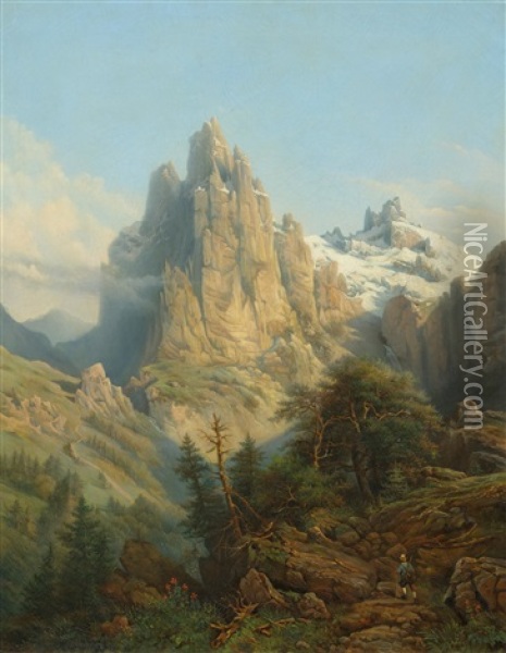 A Mountain Landscape Oil Painting - Carl Joseph Kuwasseg