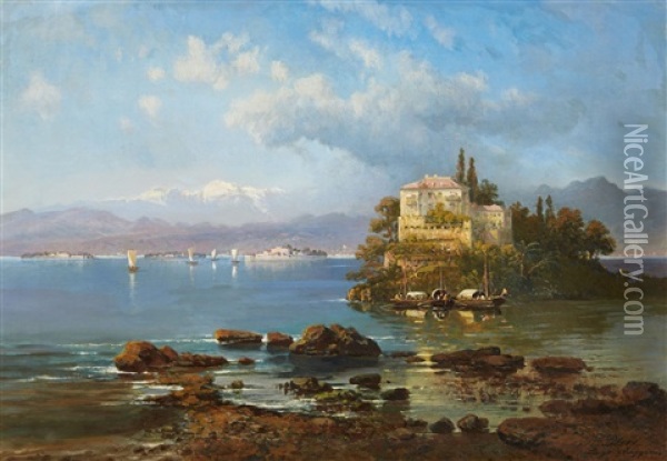 View Of The Lago Maggiore With The Island Of Oil Painting - Pieter Francis Peters