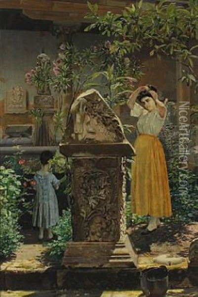 Italian Garden Scenery With Young Woman And Child By Fountain Oil Painting - Niels Fristrupp