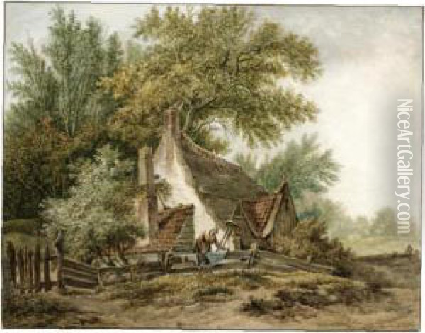 A Peasant Cottage Amongst Trees, With A Woman Doing Her Laundry Oil Painting - Pieter Bartholomeusz. Barbiers IV