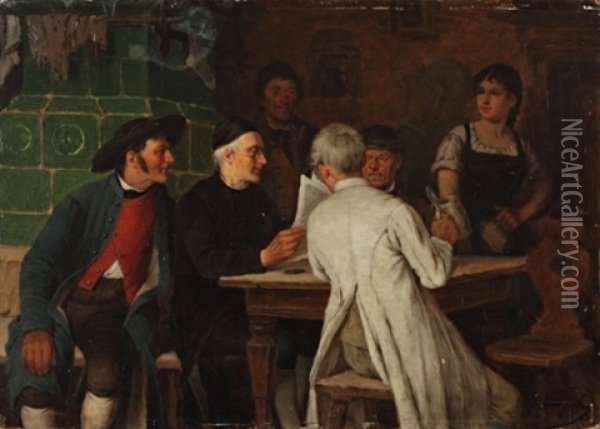La Lecture A La Taverne Oil Painting - Josef Kinzel