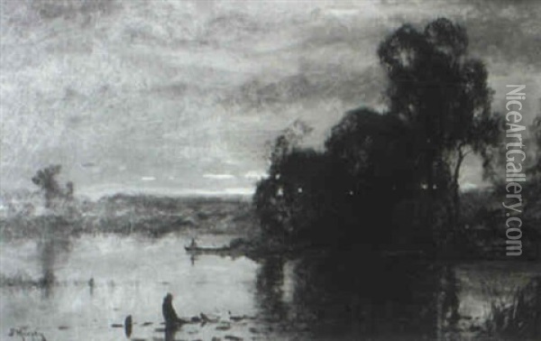 Boater On A Lake, Dusk Oil Painting - John Francis Murphy