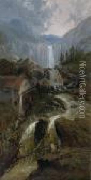 Paysage Montagneux A La Cascade Oil Painting - William Pitt