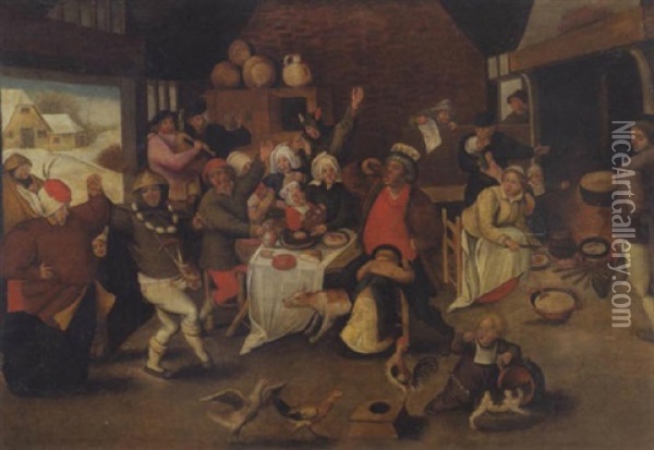 Bauernfest In Der Scheune (dreikonigsfest) Oil Painting - Marten van Cleve the Elder