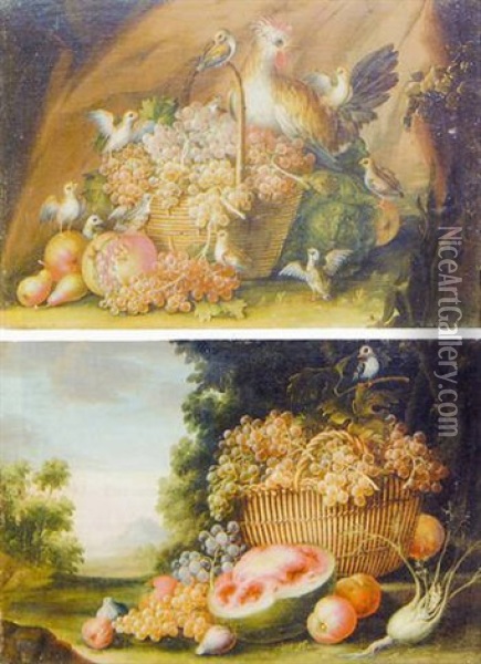 Nature Morte Aux Raisins Avec Poules Et Poussins Oil Painting - Giovanni Agostino (Abate) Cassana