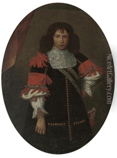 Portrait Of A Gentleman In A Black Coat With Red Ribboning And A Sash Oil Painting - Carlo Ceresa