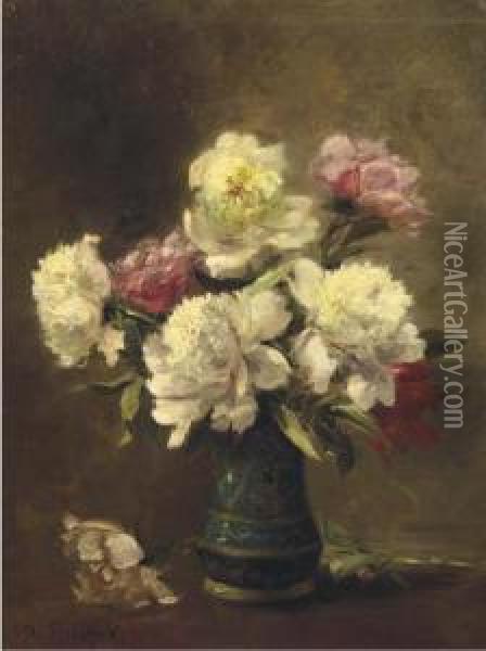 Peonies In An Enamel Vase Oil Painting - Henri Brispot