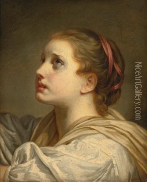 Portrait Of A Girl, Head And Shoulders, Looking Up Oil Painting - Jean Baptiste Greuze